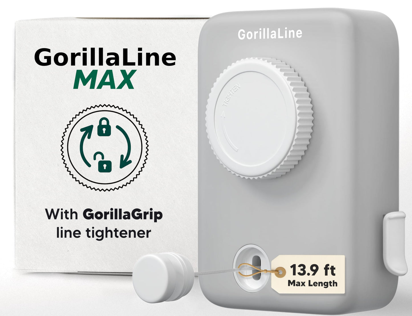 GorillaLine Max - Retractable Clothesline Indoor Outdoor Clothes Line - Wall Mounted Drying Rack - Max Tighten with GorillaGrip