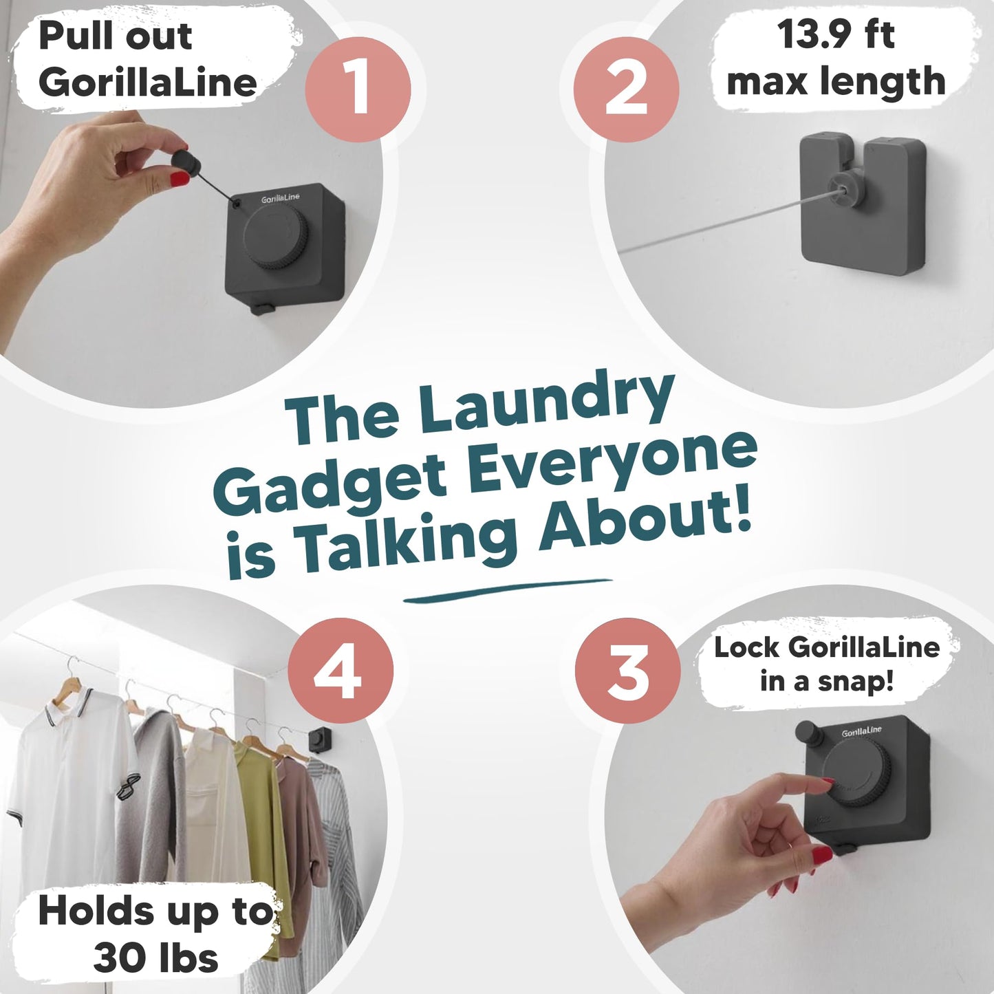 GorillaLine Basic - Retractable Clothesline - with GorillaGrip
