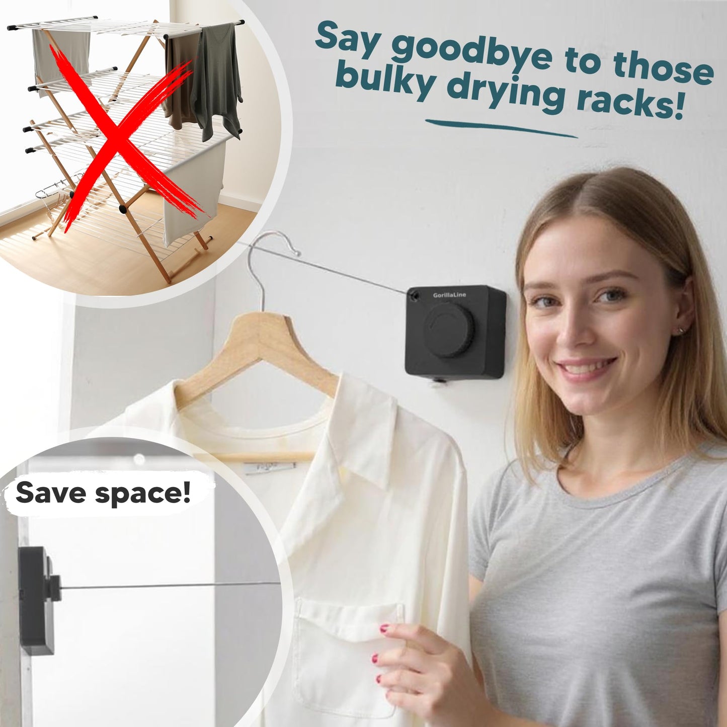 GorillaLine Basic - Retractable Clothesline - with GorillaGrip