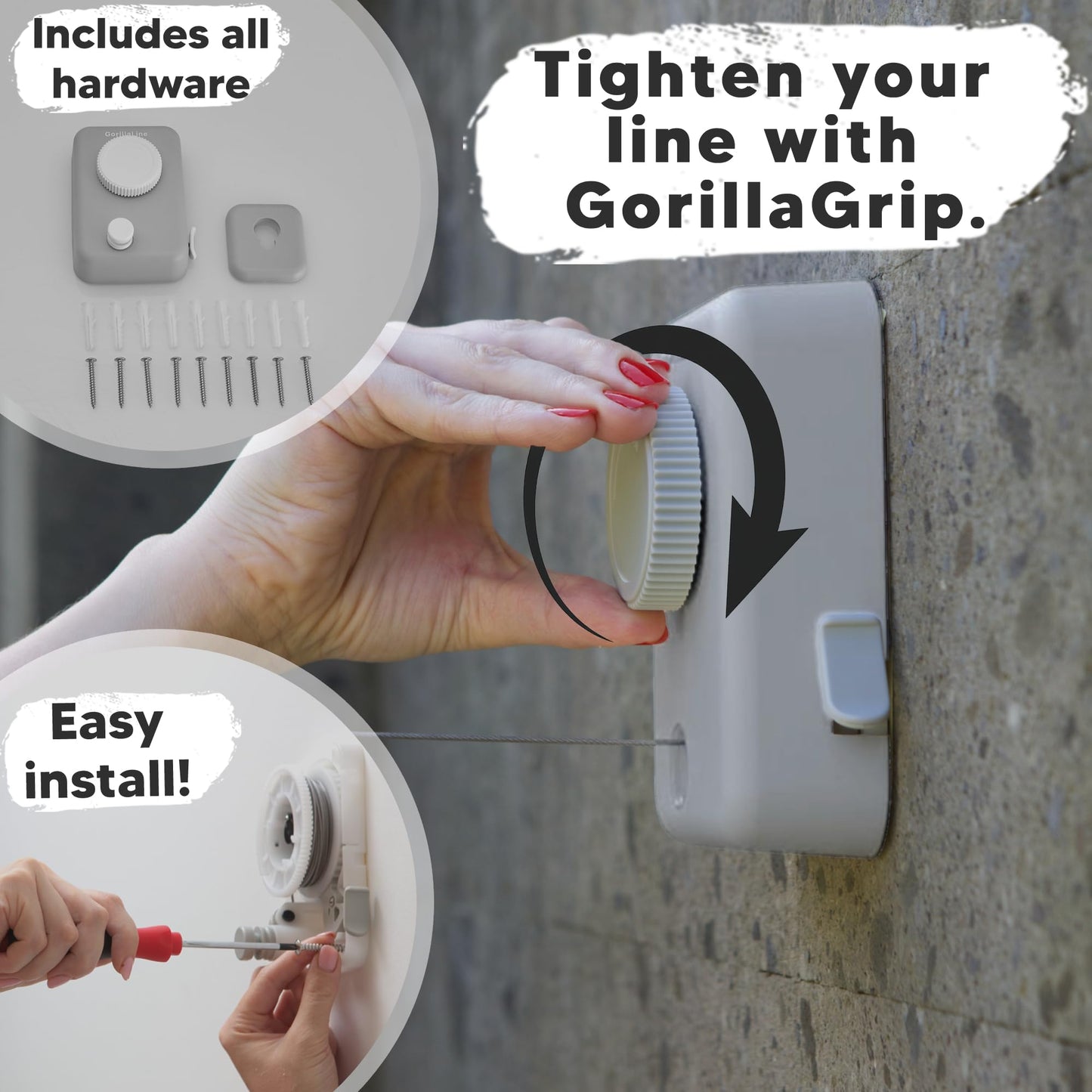 GorillaLine Max - Retractable Clothesline Indoor Outdoor Clothes Line - Wall Mounted Drying Rack - Max Tighten with GorillaGrip