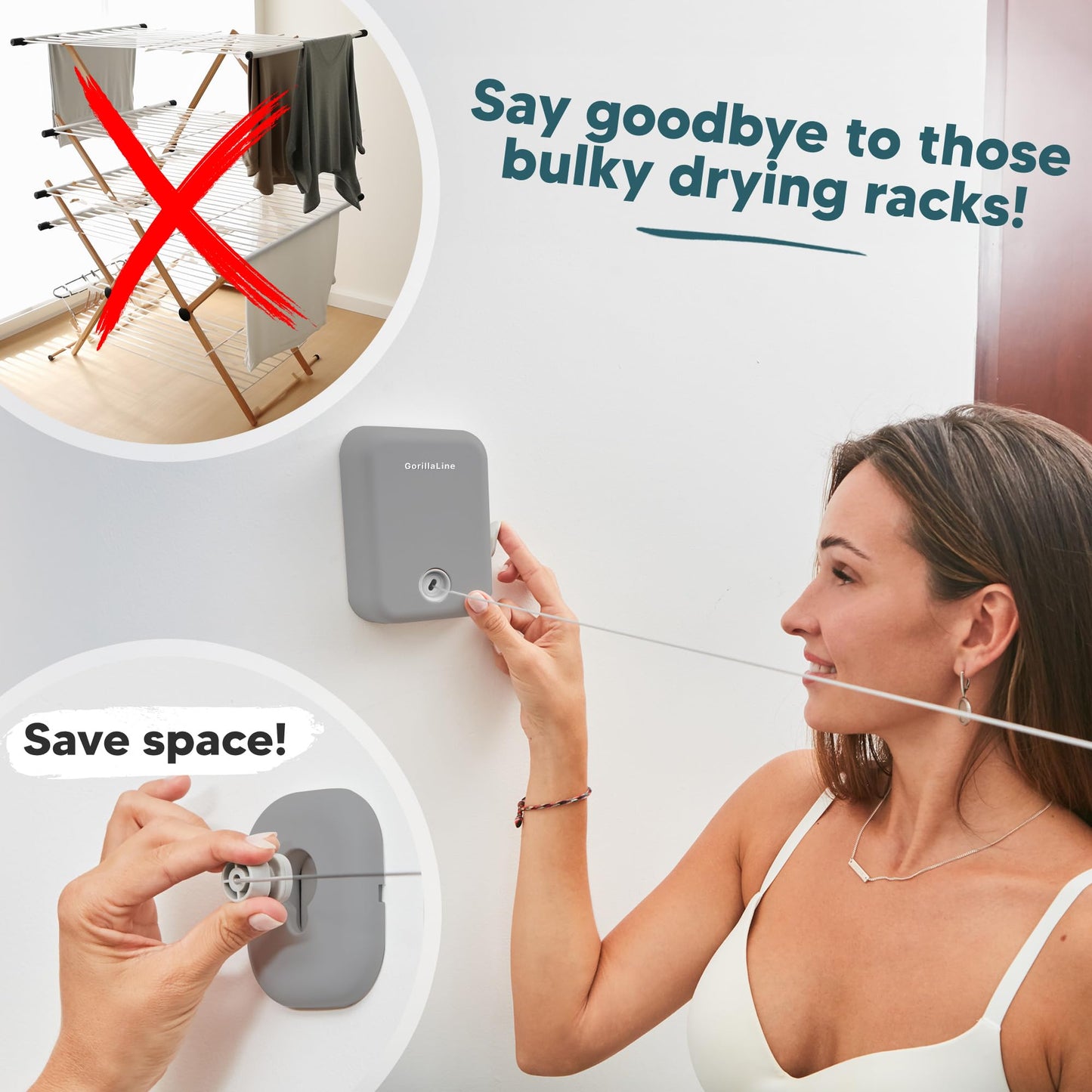 GorillaLine - Retractable Clothesline Indoor Outdoor Clothes Line | Wall Mounted Drying Rack Clothing Line
