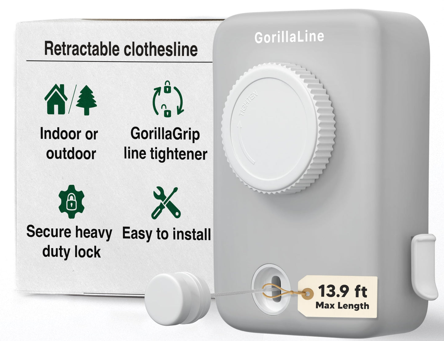 GorillaLine Max - Retractable Clothesline Indoor Outdoor Clothes Line - Heavy Duty Clothes Drying Laundry Line - Wall Mounted Drying Rack - Air Dry Clothing - Max Tighten with GorillaGrip