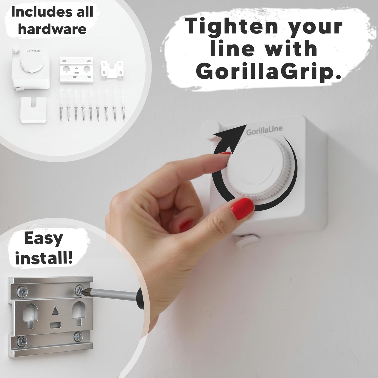 GorillaLine Basic - Retractable Clothesline Indoor Outdoor Clothes Line - 15ft line Max Tighten with GorillaGrip