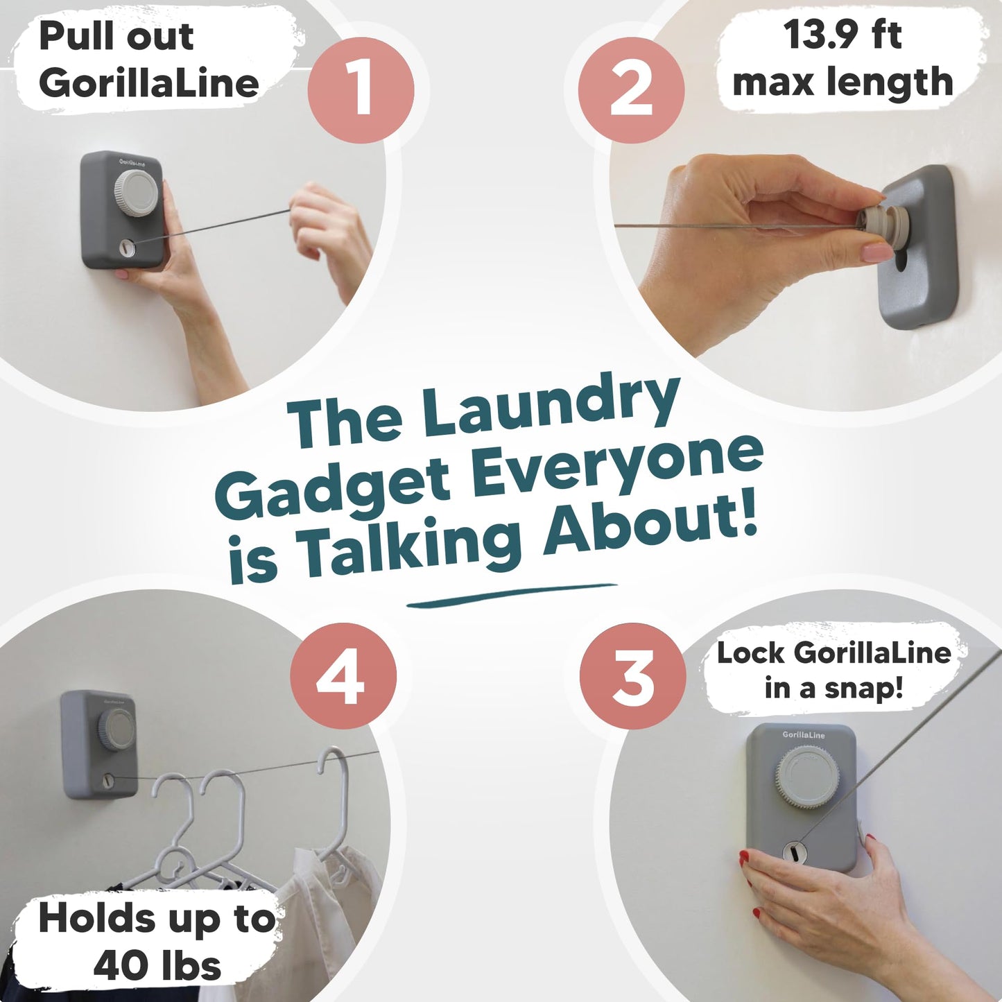 GorillaLine Max - Retractable Clothesline Indoor Outdoor Clothes Line - Wall Mounted Drying Rack - Max Tighten with GorillaGrip