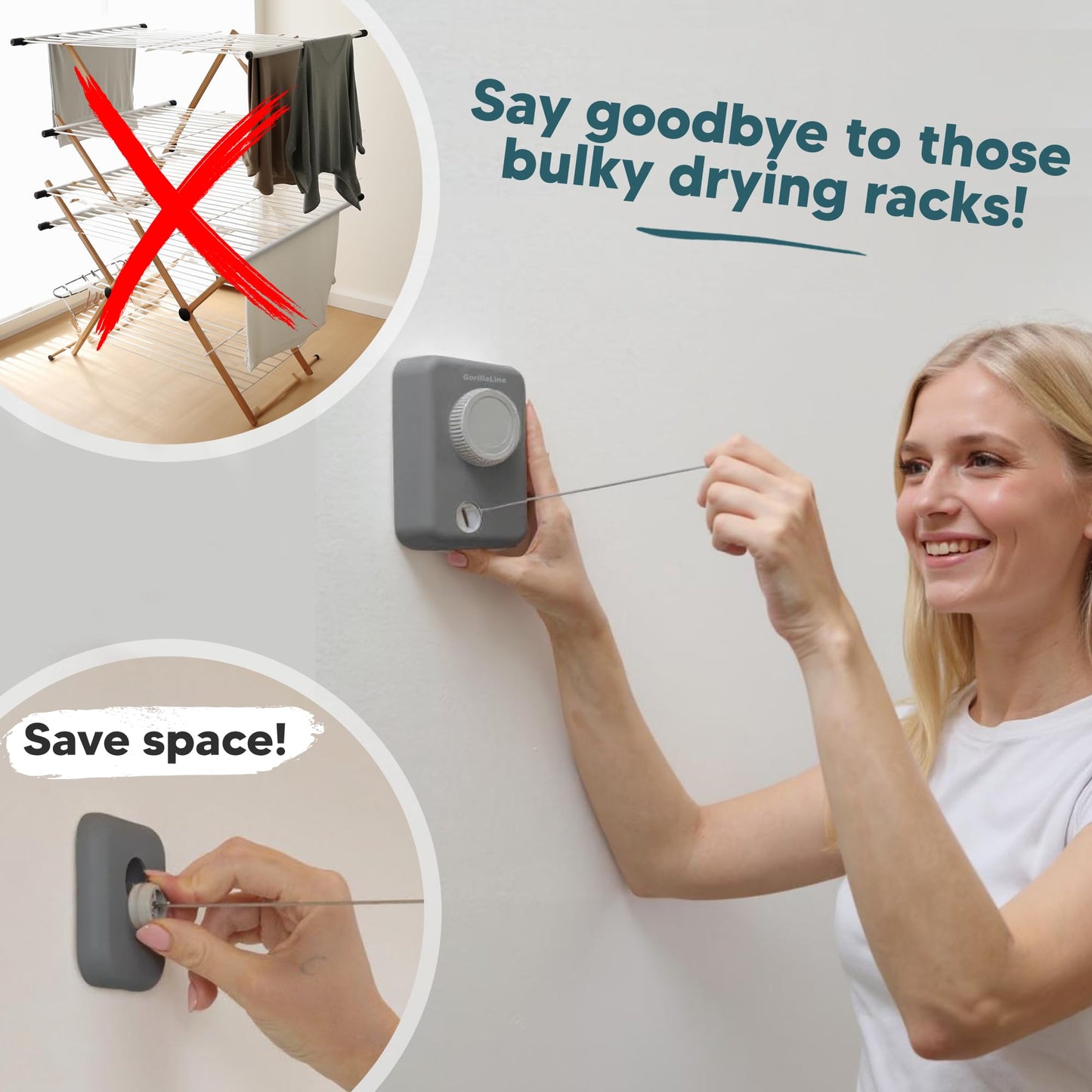 GorillaLine Max - Retractable Clothesline Indoor Outdoor Clothes Line - Wall Mounted Drying Rack - Max Tighten with GorillaGrip