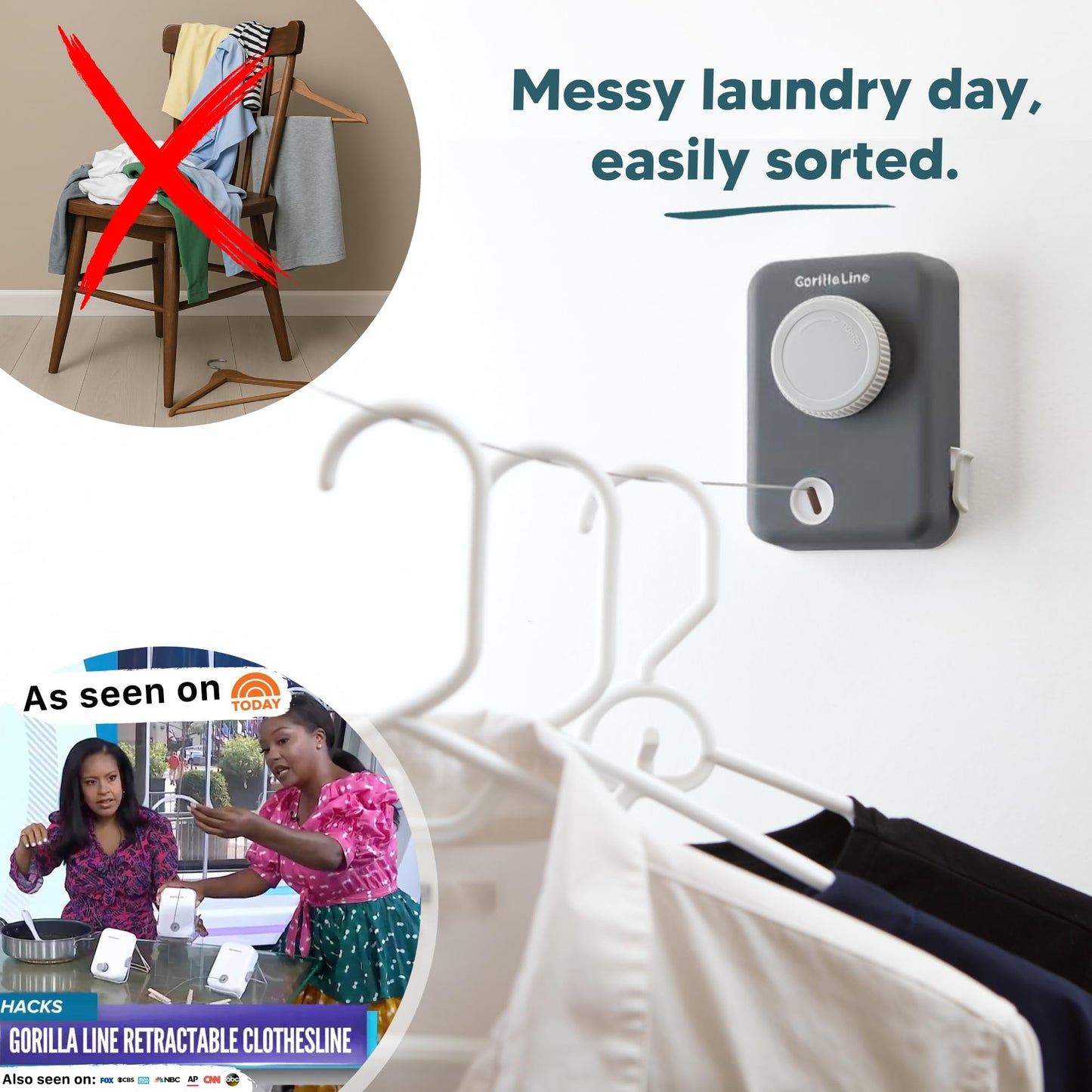 GorillaLine Max - Retractable Clothesline Indoor Outdoor Clothes Line - Wall Mounted Drying Rack - Max Tighten with GorillaGrip