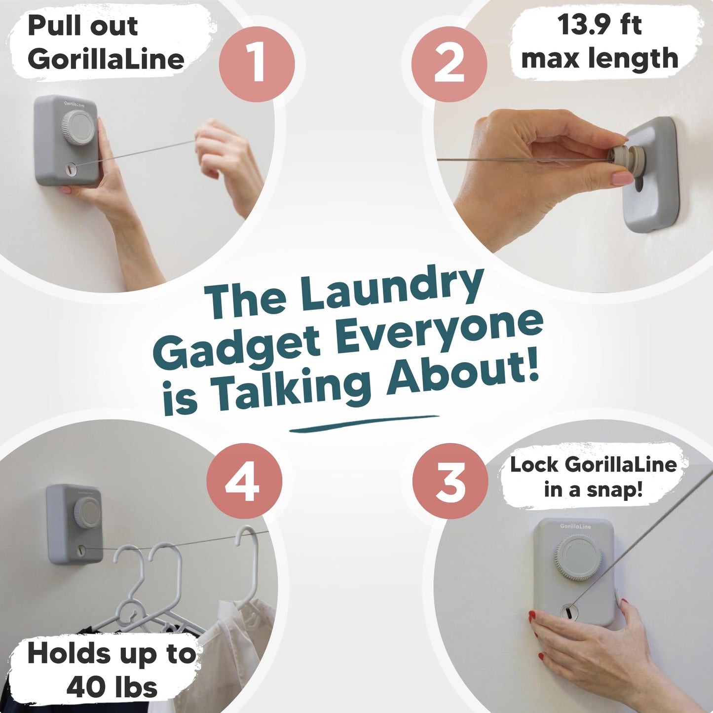 GorillaLine Max - Retractable Clothesline Indoor Outdoor Clothes Line - Wall Mounted Drying Rack - Max Tighten with GorillaGrip