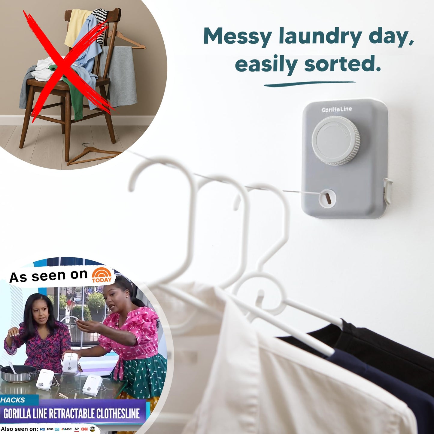 GorillaLine Max - Retractable Clothesline Indoor Outdoor Clothes Line - Wall Mounted Drying Rack - Max Tighten with GorillaGrip