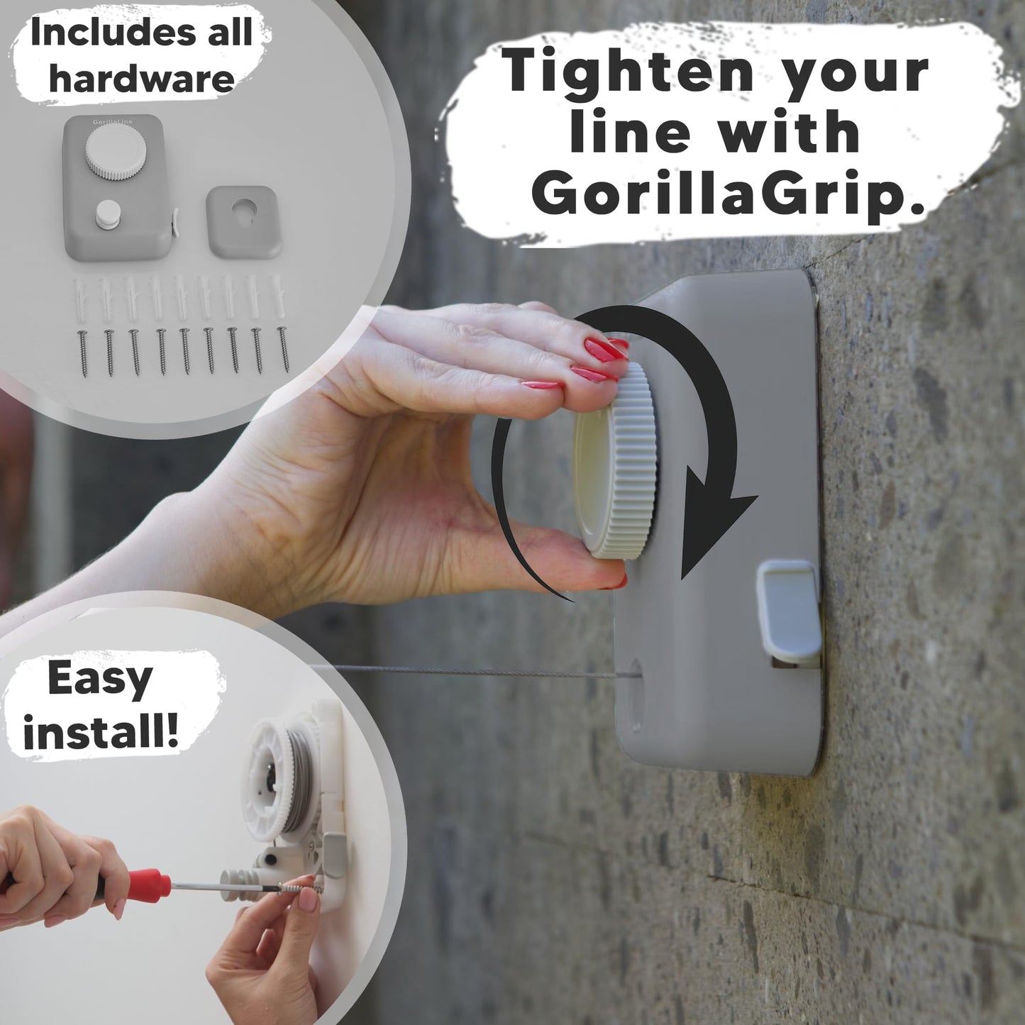 GorillaLine Max - Retractable Clothesline Indoor Outdoor Clothes Line - Wall Mounted Drying Rack - Max Tighten with GorillaGrip