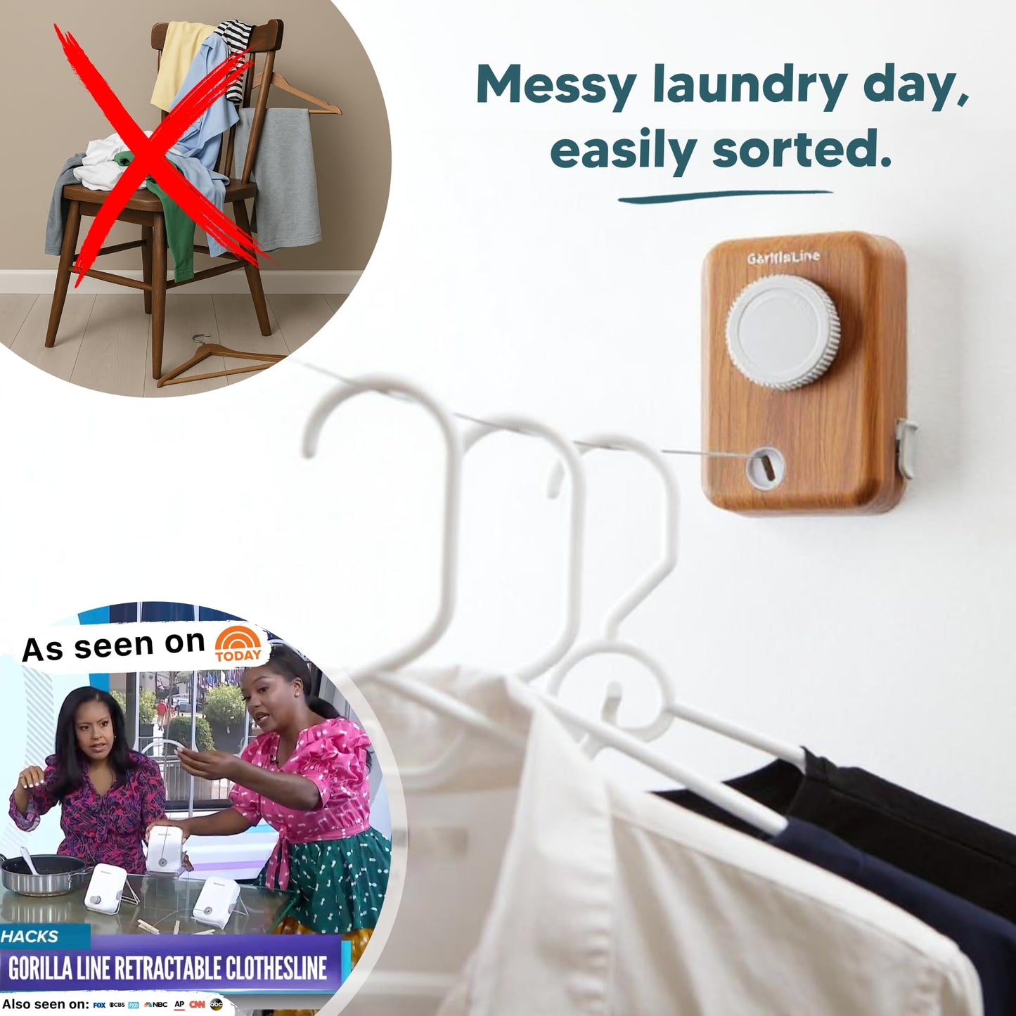 GorillaLine Max - Retractable Clothesline Indoor Outdoor Clothes Line - Wall Mounted Drying Rack - Max Tighten with GorillaGrip
