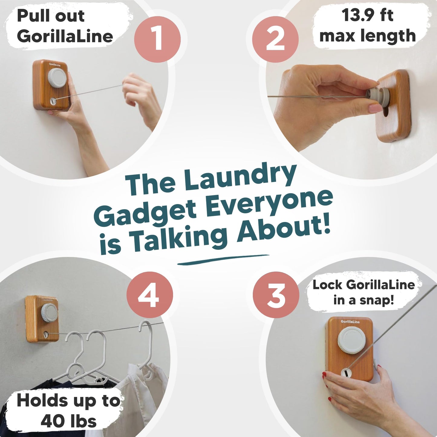 GorillaLine Max - Retractable Clothesline Indoor Outdoor Clothes Line - Wall Mounted Drying Rack - Max Tighten with GorillaGrip