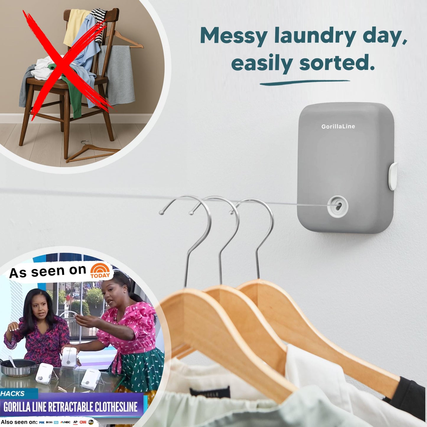 GorillaLine - Retractable Clothesline Indoor Outdoor Clothes Line | Wall Mounted Drying Rack Clothing Line