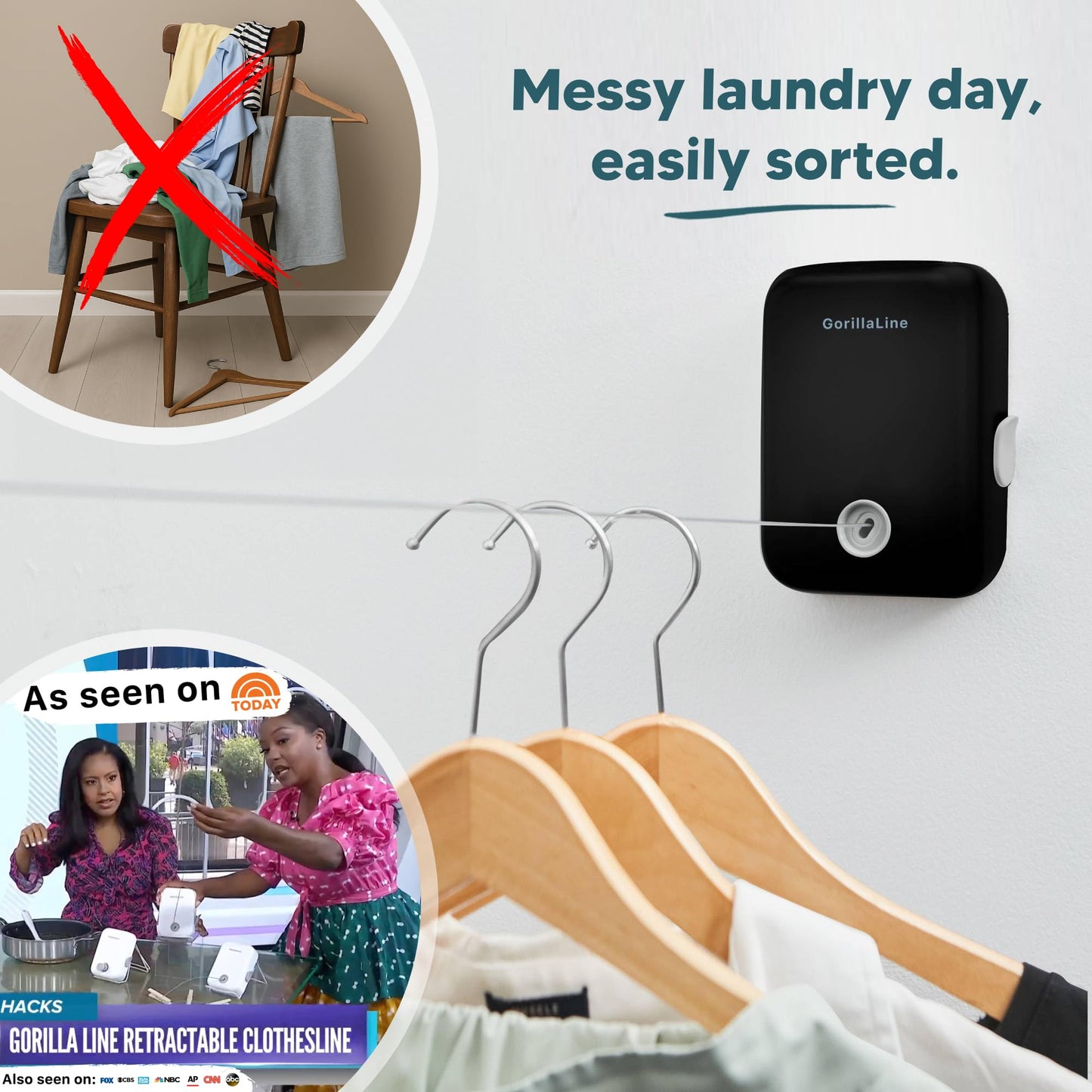 GorillaLine - Retractable Clothesline Indoor Outdoor Clothes Line | Wall Mounted Drying Rack Clothing Line