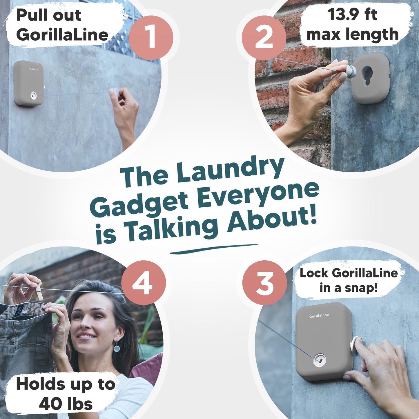 GorillaLine - Retractable Clothesline Indoor Outdoor Clothes Line | Wall Mounted Drying Rack Clothing Line