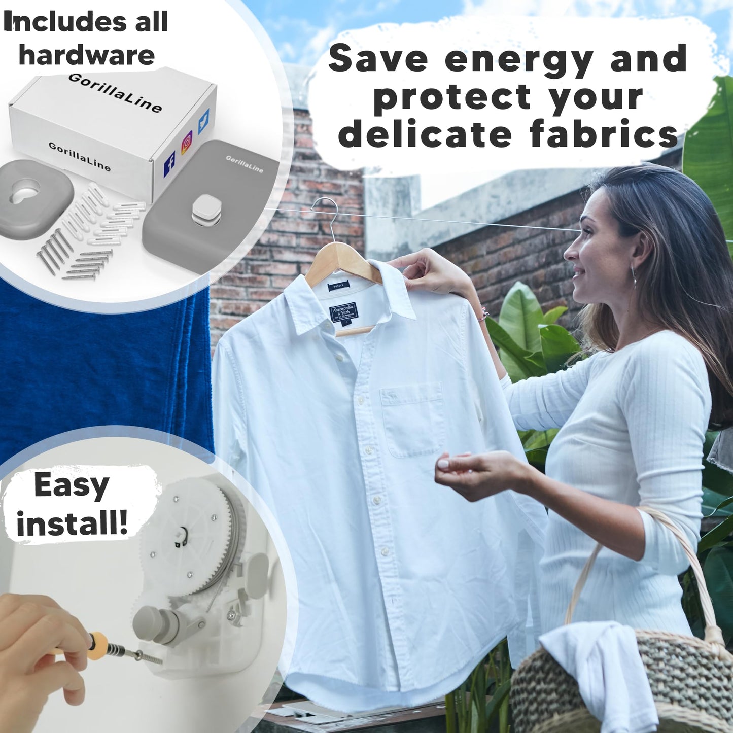 GorillaLine - Retractable Clothesline Indoor Outdoor Clothes Line | Wall Mounted Drying Rack Clothing Line