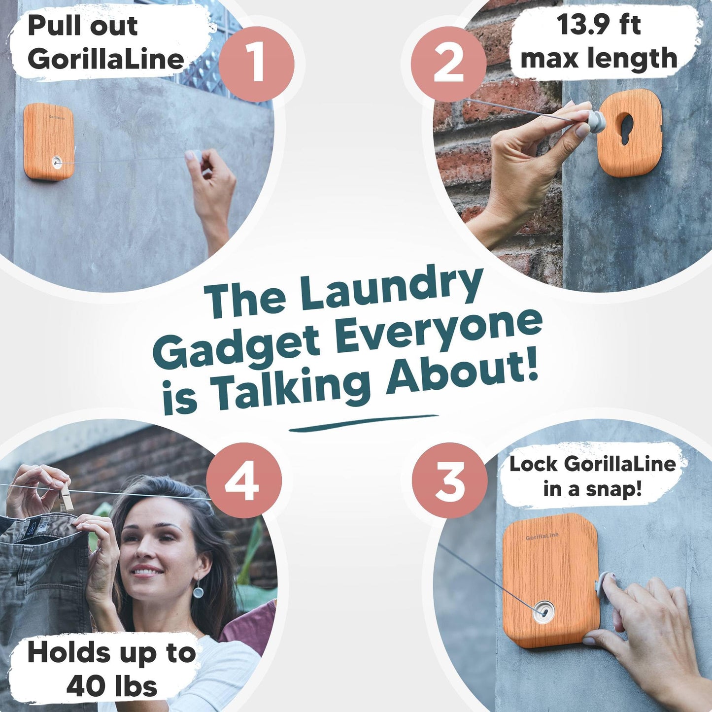 GorillaLine - Retractable Clothesline Indoor Outdoor Clothes Line | Wall Mounted Drying Rack Clothing Line
