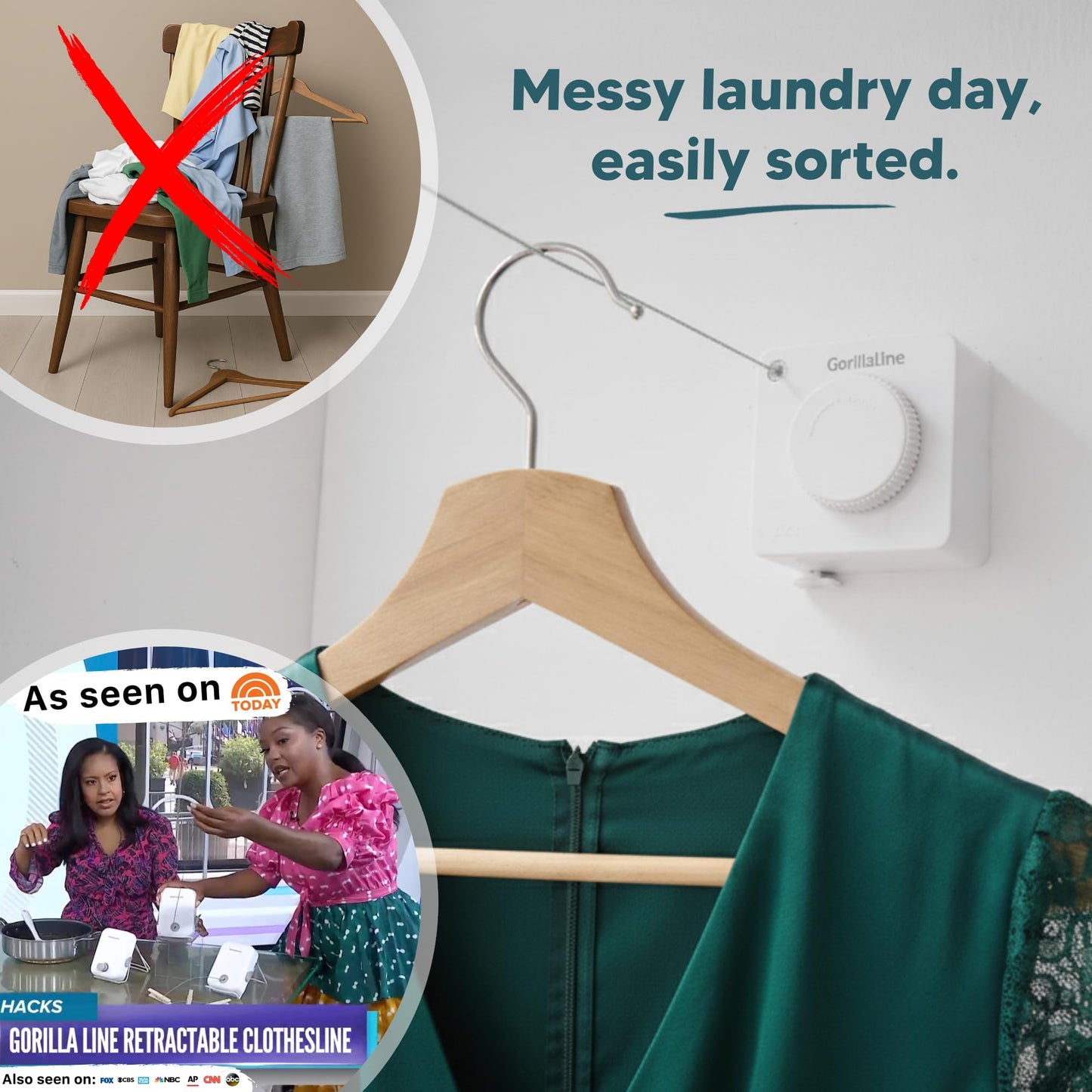 GorillaLine Basic - Retractable Clothesline Indoor Outdoor Clothes Line - 15ft line Max Tighten with GorillaGrip