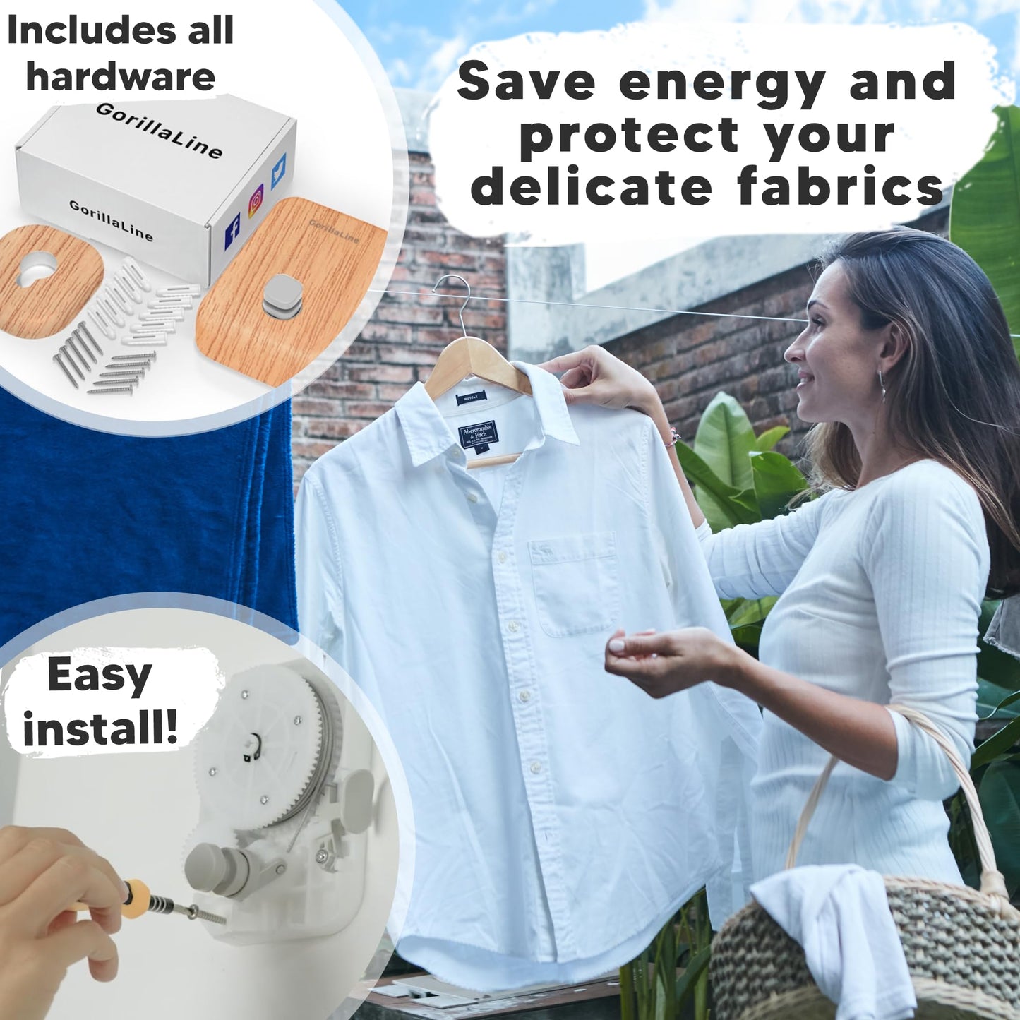 GorillaLine - Retractable Clothesline Indoor Outdoor Clothes Line | Wall Mounted Drying Rack Clothing Line