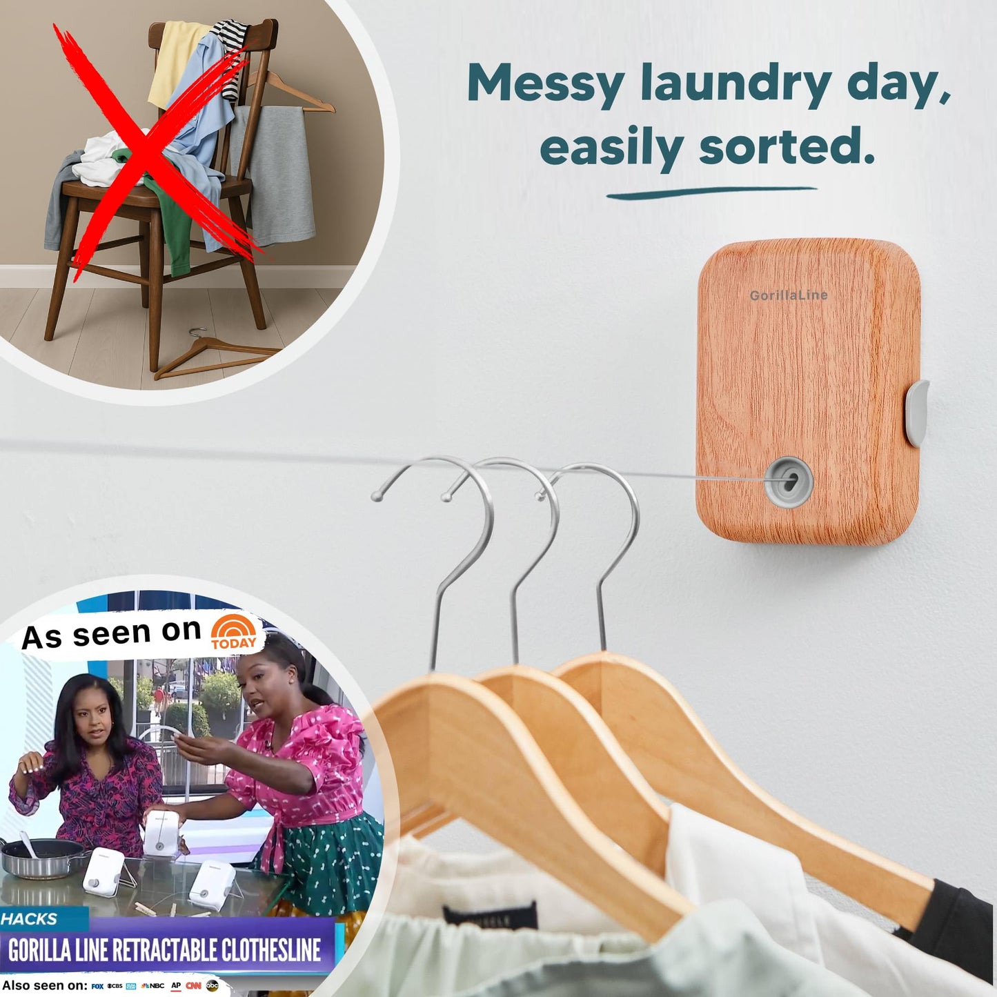 GorillaLine - Retractable Clothesline Indoor Outdoor Clothes Line | Wall Mounted Drying Rack Clothing Line
