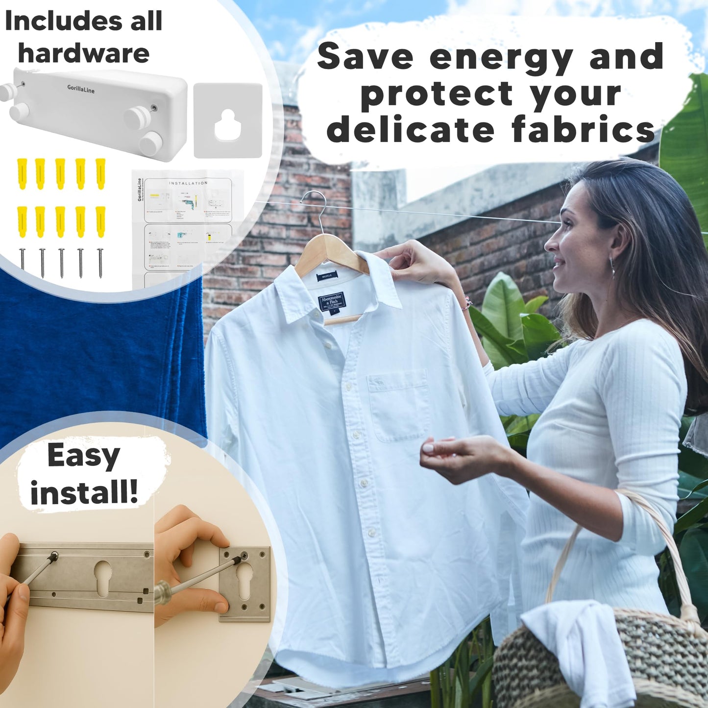 GorillaLine - Retractable Clothesline Indoor Outdoor Clothes Line | Wall Mounted Drying Rack Clothing Line