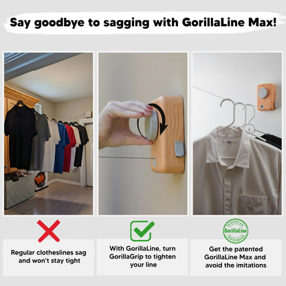 Retractable Clothesline Indoor Outdoor - GorillaLine Max Wood