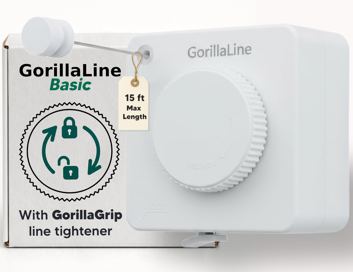 GorillaLine Basic - Retractable Clothesline Indoor Outdoor Clothes Line - 15ft line Max Tighten with GorillaGrip