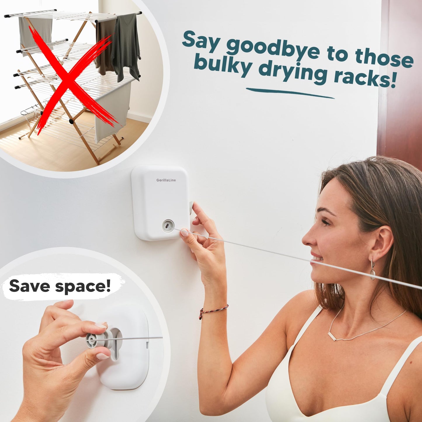 GorillaLine - Retractable Clothesline Indoor Outdoor Clothes Line | Wall Mounted Drying Rack Clothing Line