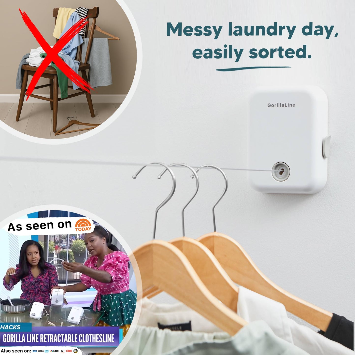 GorillaLine - Retractable Clothesline Indoor Outdoor Clothes Line | Wall Mounted Drying Rack Clothing Line