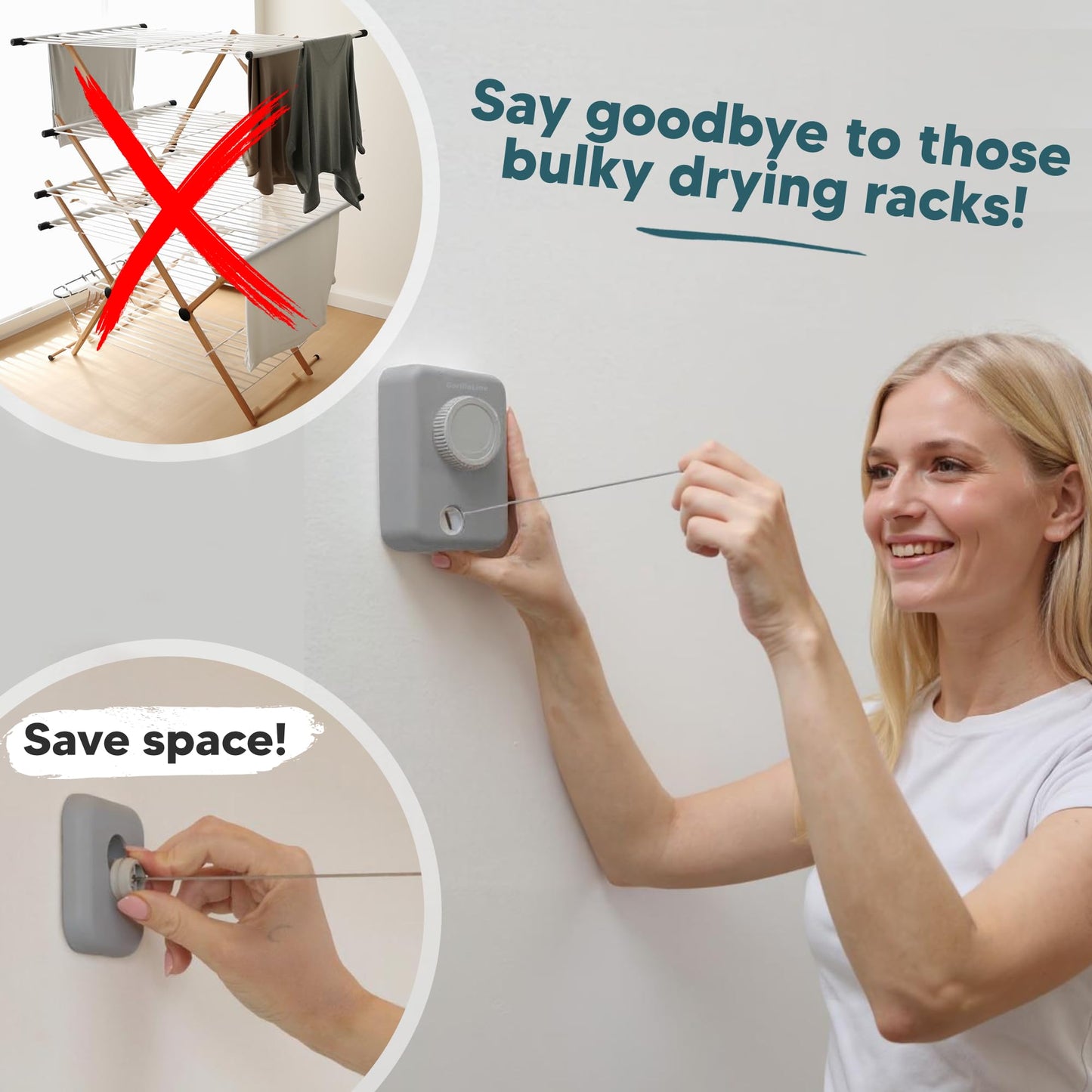 GorillaLine Max - Retractable Clothesline Indoor Outdoor Clothes Line - Wall Mounted Drying Rack - Max Tighten with GorillaGrip