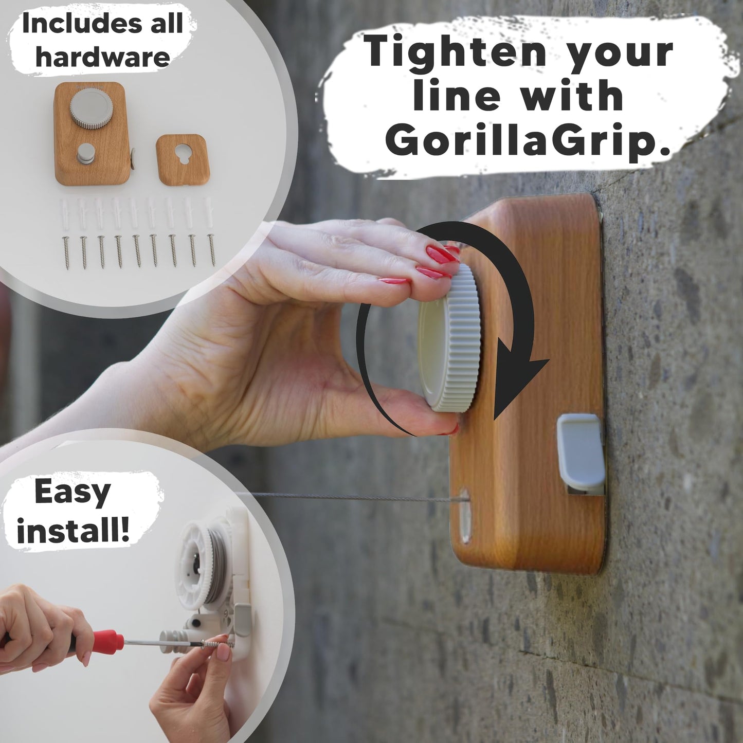 GorillaLine Max - Retractable Clothesline Indoor Outdoor Clothes Line - Wall Mounted Drying Rack - Max Tighten with GorillaGrip