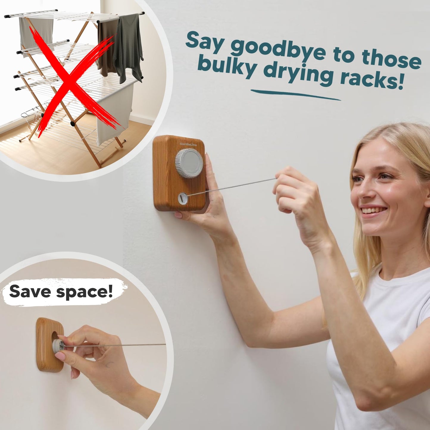 GorillaLine Max - Retractable Clothesline Indoor Outdoor Clothes Line - Wall Mounted Drying Rack - Max Tighten with GorillaGrip