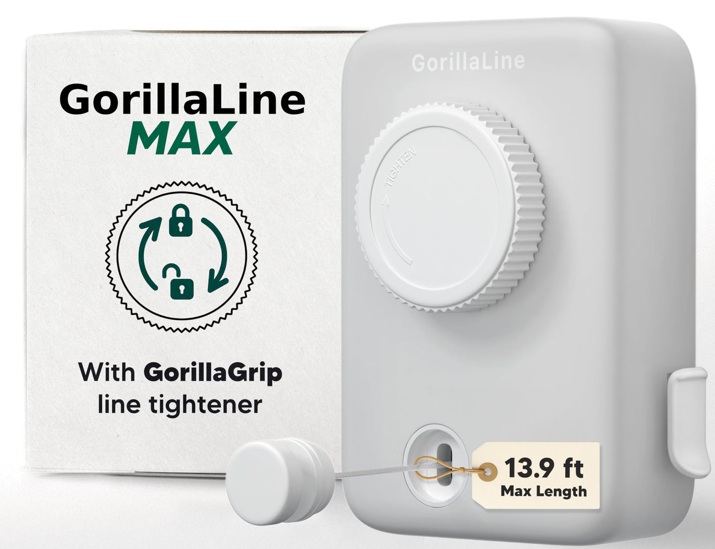 GorillaLine Max - Retractable Clothesline Indoor Outdoor Clothes Line - Wall Mounted Drying Rack - Max Tighten with GorillaGrip