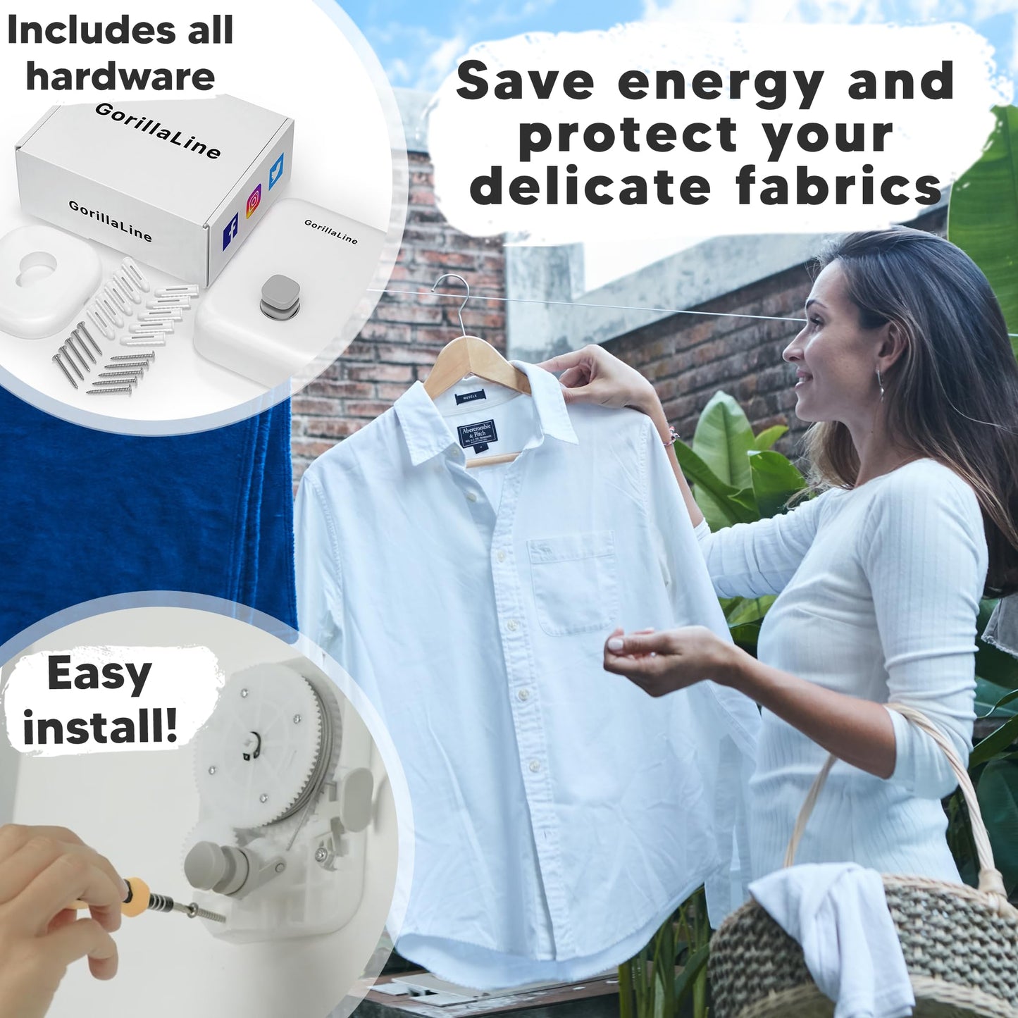 GorillaLine - Retractable Clothesline Indoor Outdoor Clothes Line | Heavy Duty Clothes Drying Laundry Line | Wall Mounted Drying Rack Clothing Line