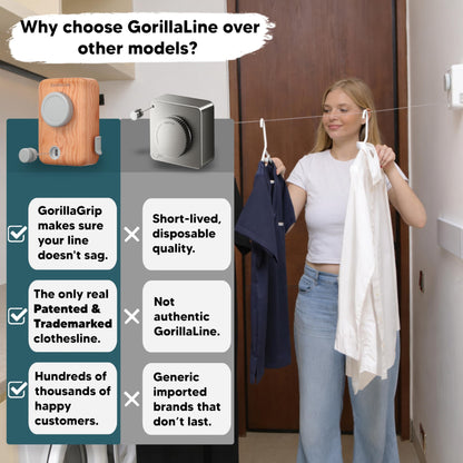 Retractable Clothesline Indoor Outdoor - GorillaLine Max Wood