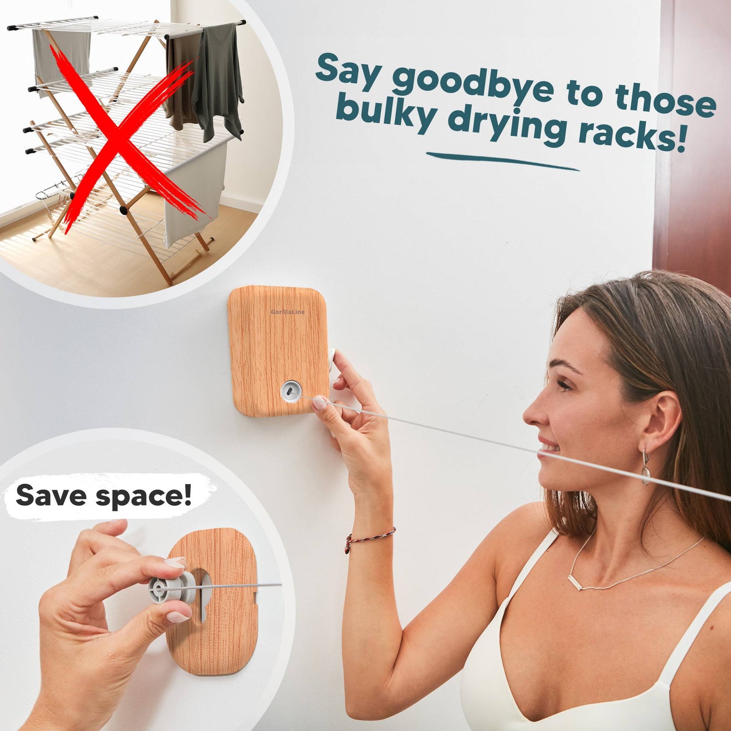 Retractable Clothesline Indoor Outdoor - GorillaLine Wood