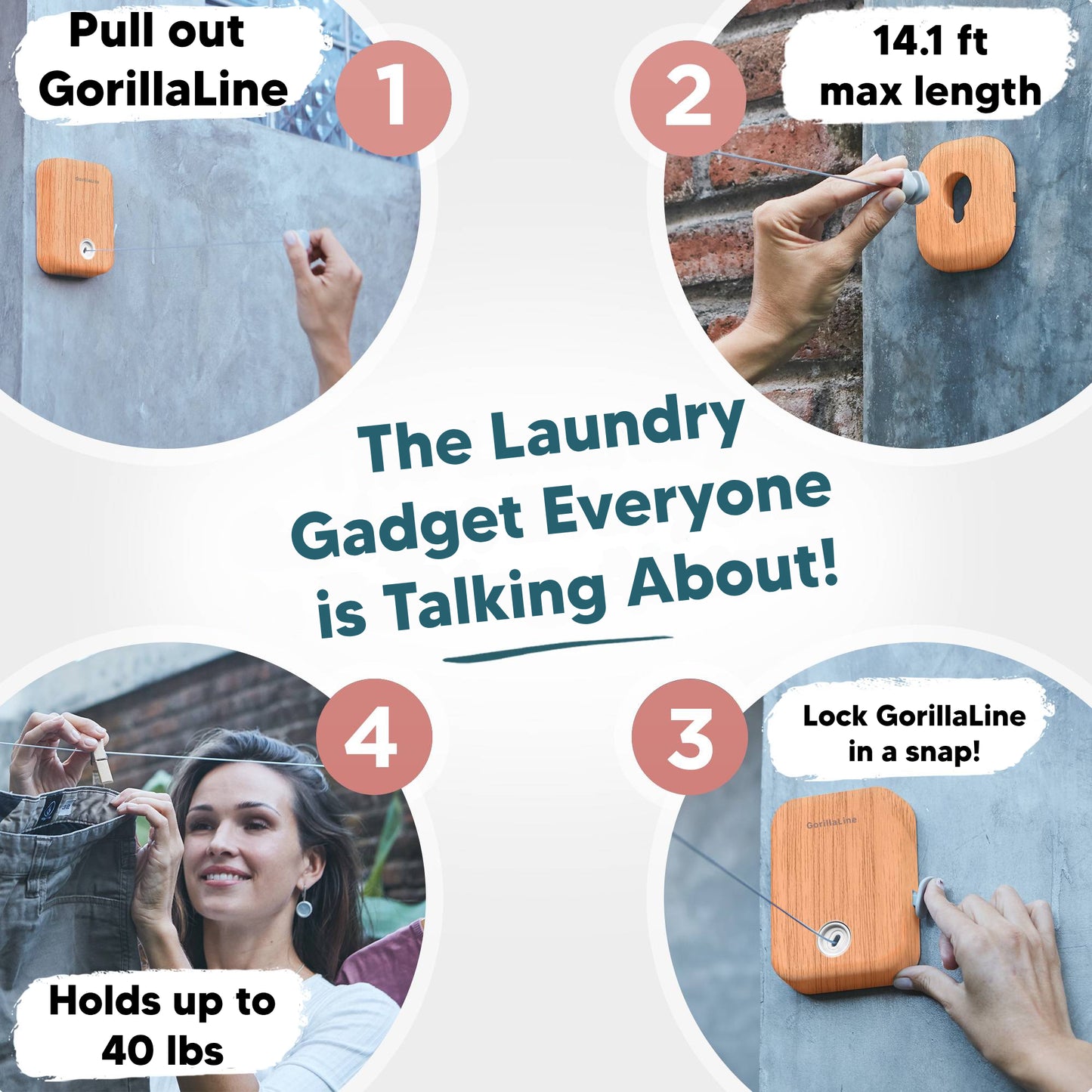 Retractable Clothesline Indoor Outdoor - GorillaLine Wood