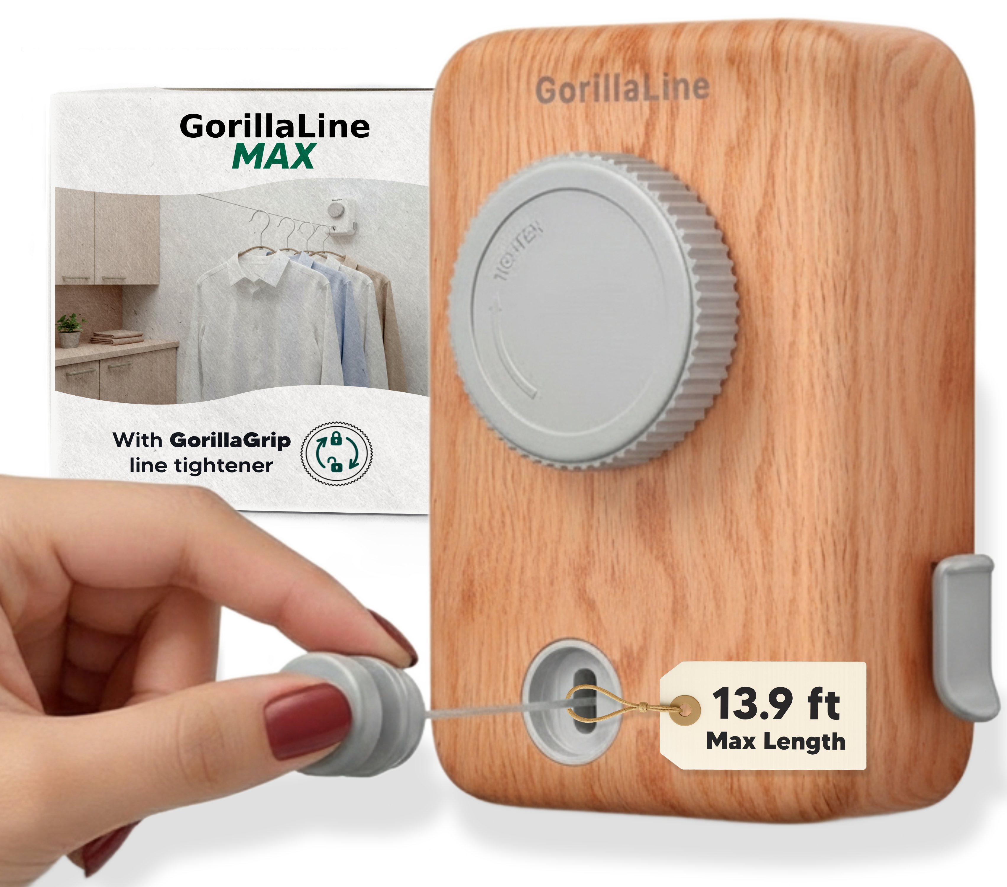 Retractable Clothesline Indoor Outdoor - GorillaLine Max Wood
